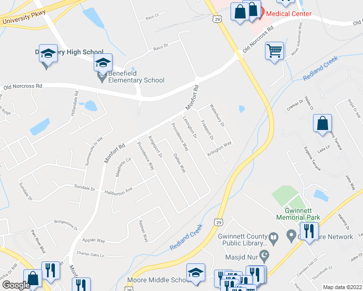 map of restaurants, bars, coffee shops, grocery stores, and more near 911 Providence Way in Lawrenceville