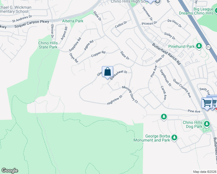 map of restaurants, bars, coffee shops, grocery stores, and more near 16712 Fern Leaf Street in Chino Hills