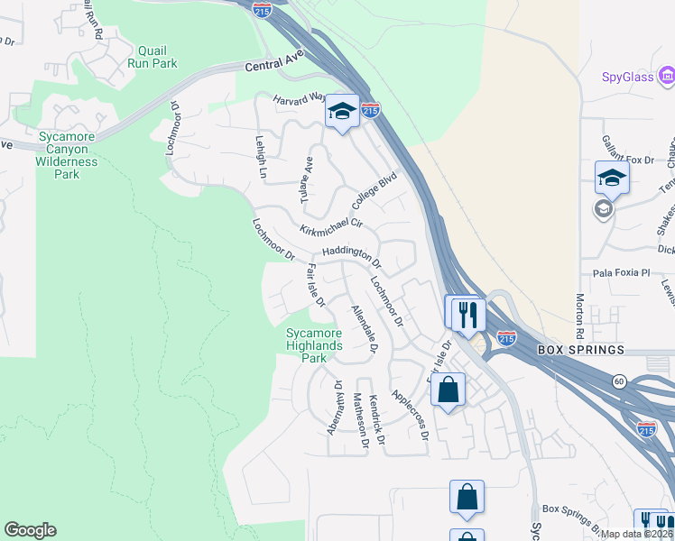 map of restaurants, bars, coffee shops, grocery stores, and more near 1451 Stonehaven Court in Riverside
