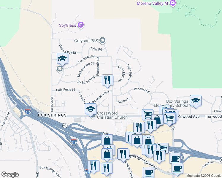 map of restaurants, bars, coffee shops, grocery stores, and more near 21498 Townsendia Avenue in Moreno Valley