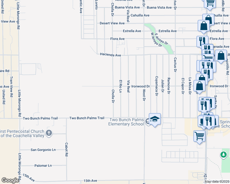 map of restaurants, bars, coffee shops, grocery stores, and more near 13616 Cholla Drive in Desert Hot Springs