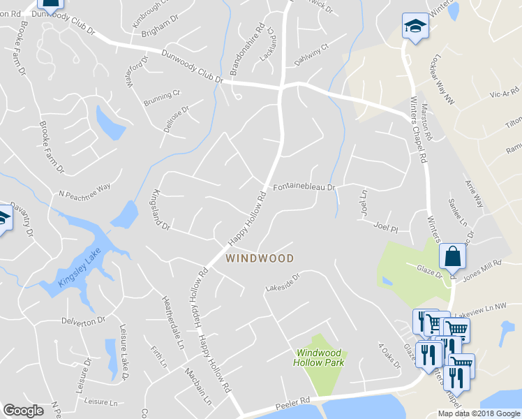 map of restaurants, bars, coffee shops, grocery stores, and more near 5201 Happy Hollow Road in Atlanta