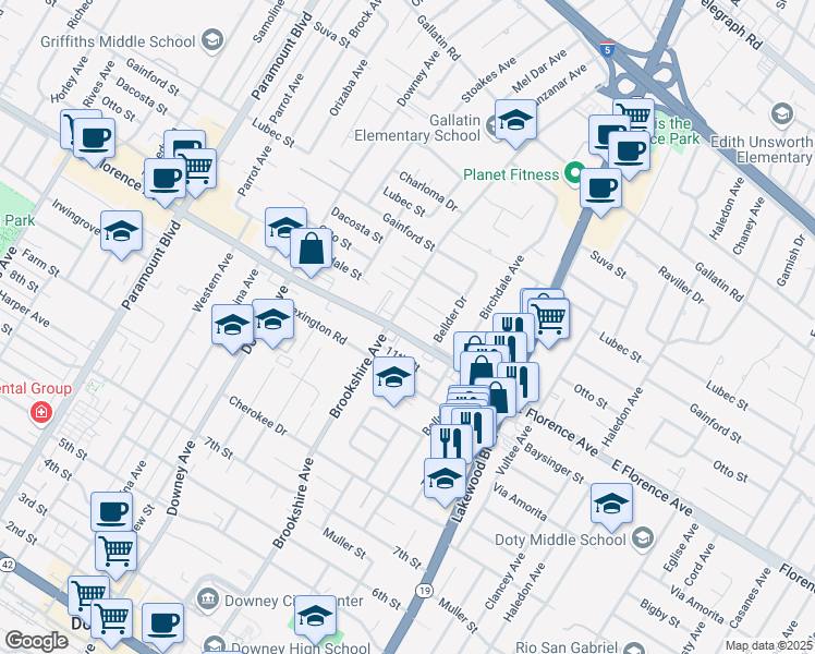 map of restaurants, bars, coffee shops, grocery stores, and more near 8545 Florence Avenue in Downey