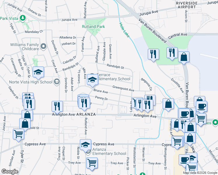 map of restaurants, bars, coffee shops, grocery stores, and more near 8654 Greenpoint Avenue in Riverside