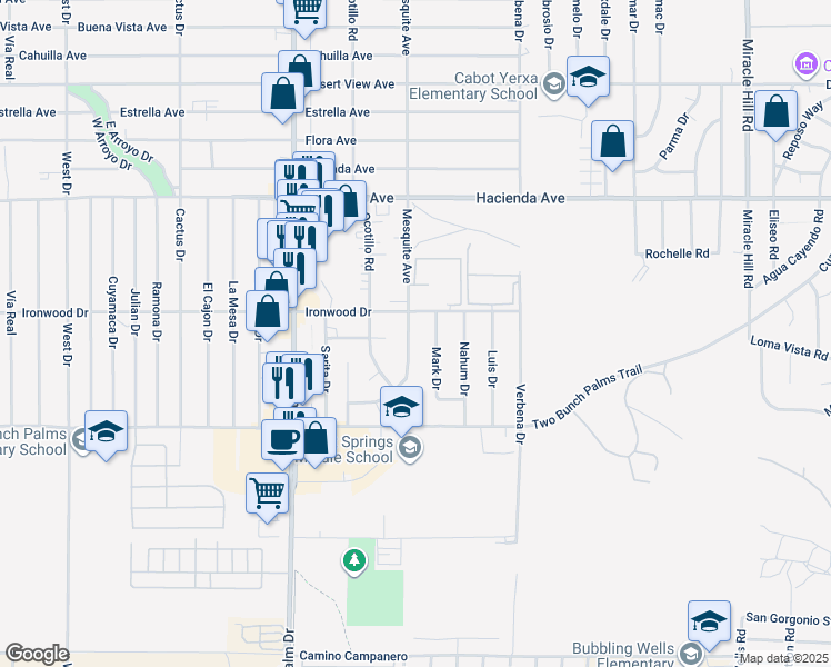 map of restaurants, bars, coffee shops, grocery stores, and more near 13655 Mark Drive in Desert Hot Springs