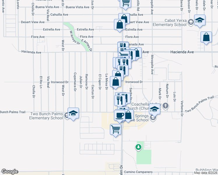 map of restaurants, bars, coffee shops, grocery stores, and more near 13576 La Mesa Drive in Desert Hot Springs