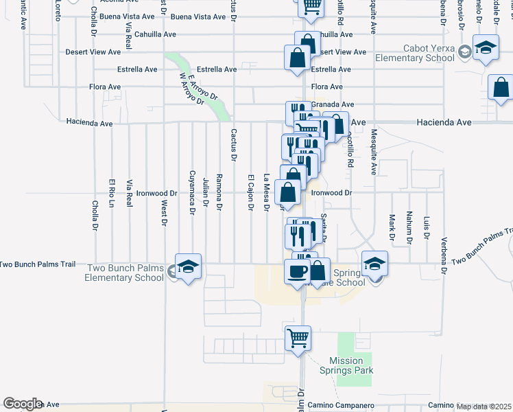 map of restaurants, bars, coffee shops, grocery stores, and more near 13623 El Cajon Drive in Desert Hot Springs