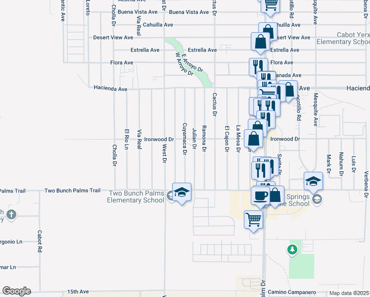 map of restaurants, bars, coffee shops, grocery stores, and more near 13620 Cuyamaca Drive in Desert Hot Springs