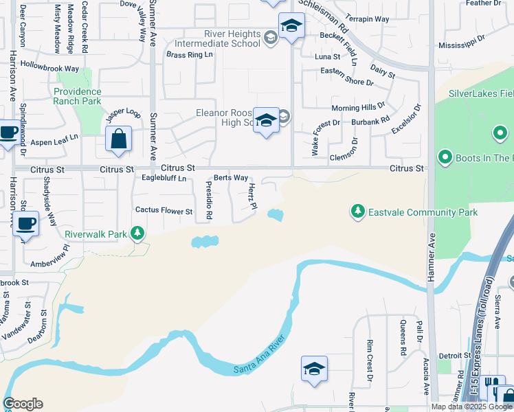 map of restaurants, bars, coffee shops, grocery stores, and more near 7618 Hertz Place in Corona