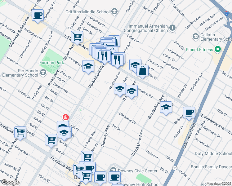 map of restaurants, bars, coffee shops, grocery stores, and more near 10330 La Reina Avenue in Downey