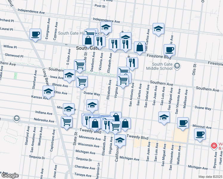 map of restaurants, bars, coffee shops, grocery stores, and more near 9400 Elizabeth Avenue in South Gate