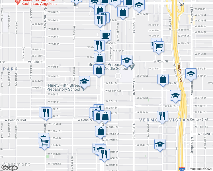 map of restaurants, bars, coffee shops, grocery stores, and more near 9510 Vermont Avenue in Los Angeles