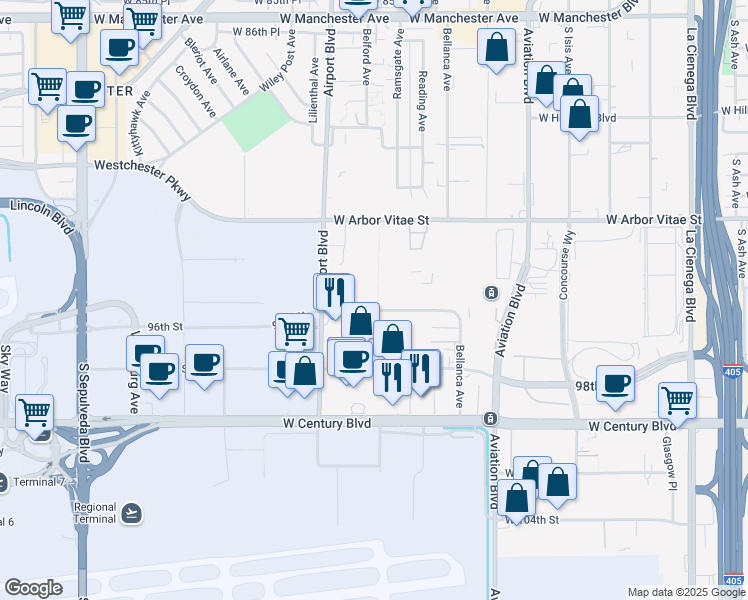 map of restaurants, bars, coffee shops, grocery stores, and more near 5760 96th Street in Los Angeles