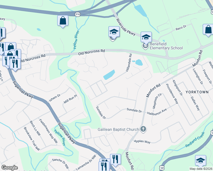 map of restaurants, bars, coffee shops, grocery stores, and more near 1349 Sydney Pond Circle Northwest in Lawrenceville