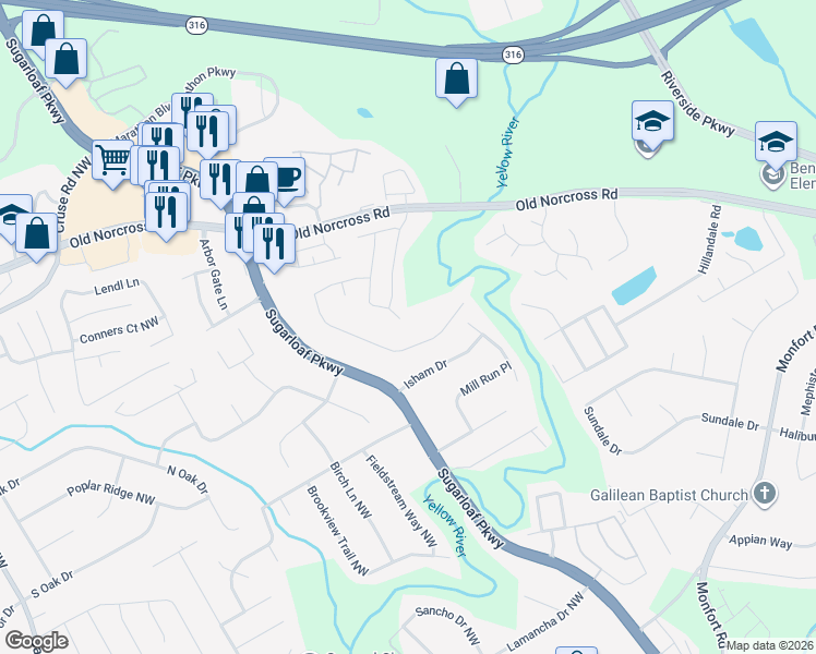 map of restaurants, bars, coffee shops, grocery stores, and more near 582 Riverlanding Drive in Lawrenceville