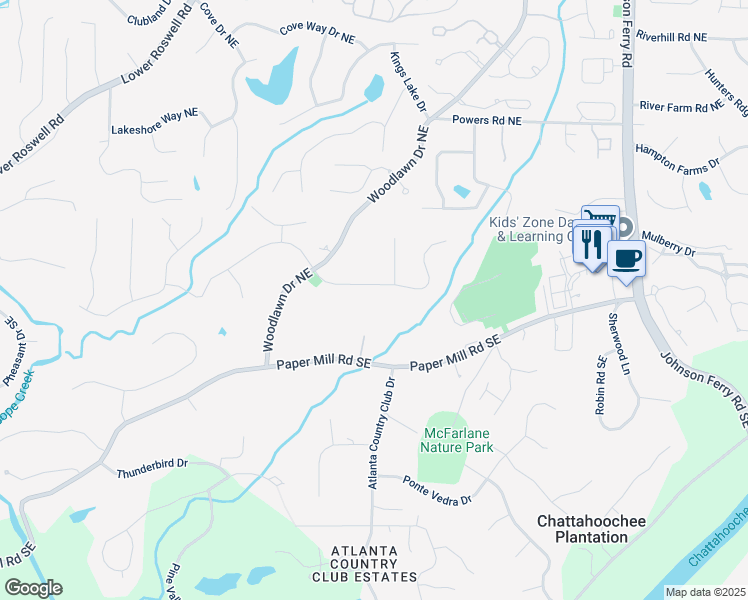 map of restaurants, bars, coffee shops, grocery stores, and more near 4428 Blackland Drive in Marietta