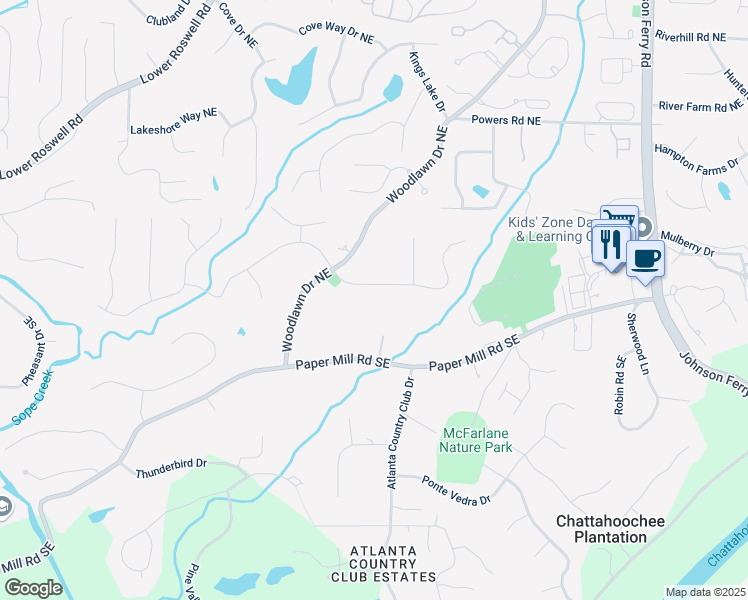 map of restaurants, bars, coffee shops, grocery stores, and more near 4402 Blackland Drive in Marietta