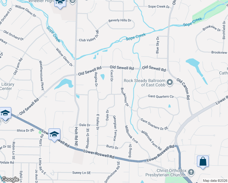 map of restaurants, bars, coffee shops, grocery stores, and more near 8 Rhodes Drive Southeast in Marietta