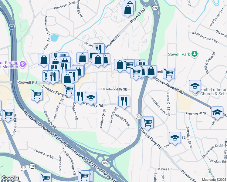 map of restaurants, bars, coffee shops, grocery stores, and more near 1714 Hazelwood Drive Southeast in Marietta
