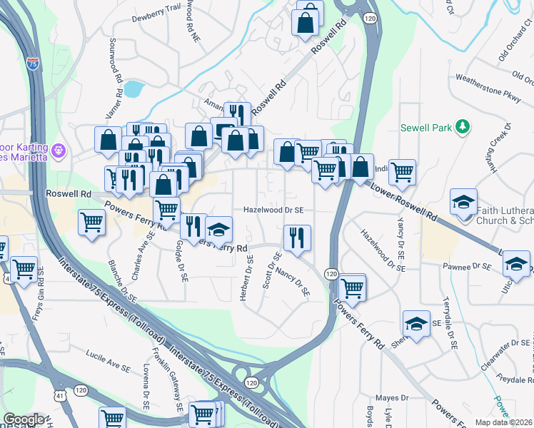 map of restaurants, bars, coffee shops, grocery stores, and more near 1702 Hazelwood Drive Southeast in Marietta