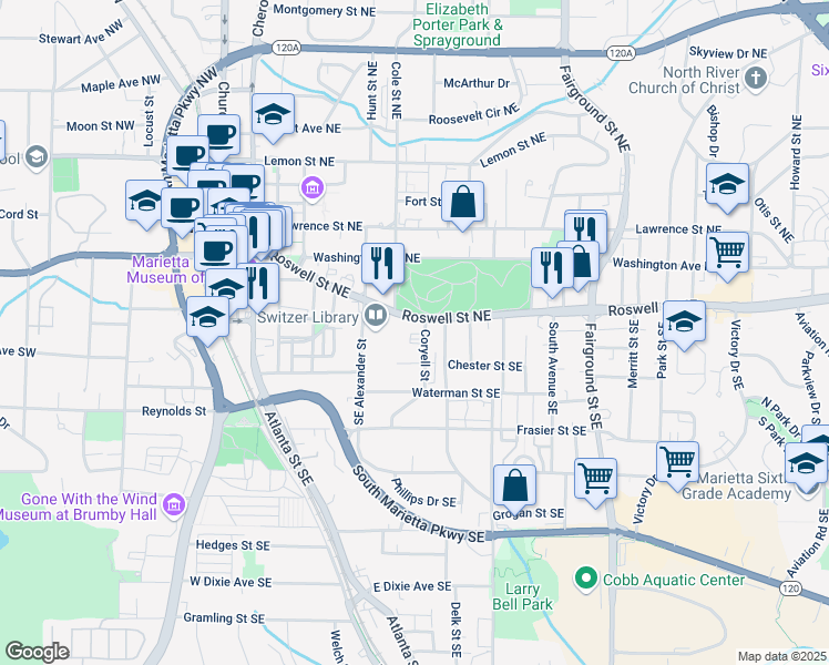 map of restaurants, bars, coffee shops, grocery stores, and more near 326 Roswell Street Northeast in Marietta