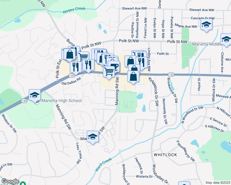 map of restaurants, bars, coffee shops, grocery stores, and more near 138 Manning Road Southwest in Marietta