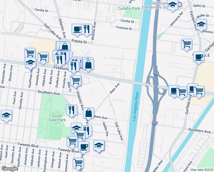 map of restaurants, bars, coffee shops, grocery stores, and more near 9301 Rayo Avenue in South Gate