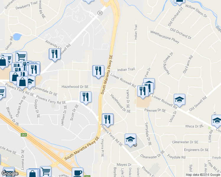 map of restaurants, bars, coffee shops, grocery stores, and more near 1846 Clearwater Drive in Marietta