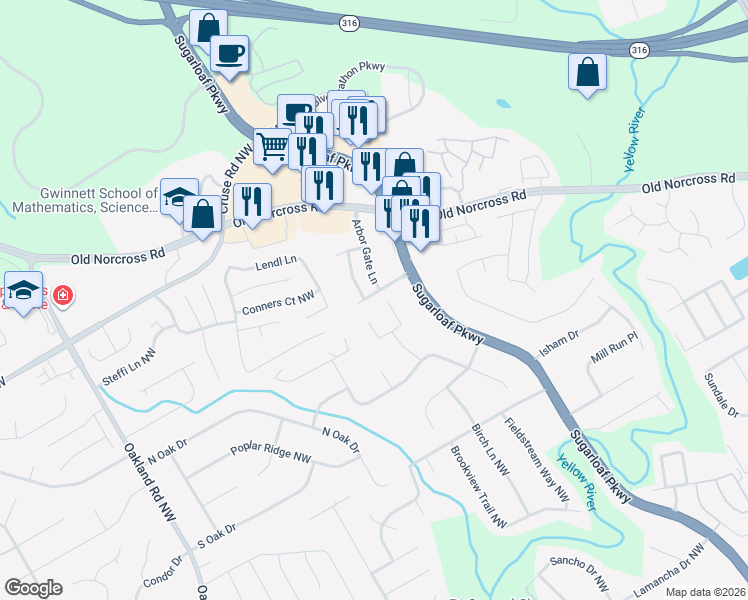 map of restaurants, bars, coffee shops, grocery stores, and more near 1758 Arbor Gate Drive in Lawrenceville