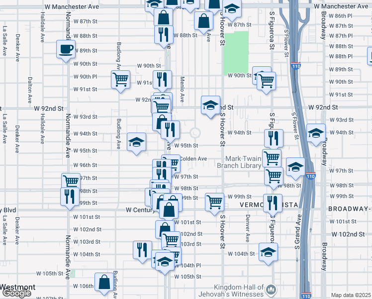map of restaurants, bars, coffee shops, grocery stores, and more near 824 West 95th Street in Los Angeles