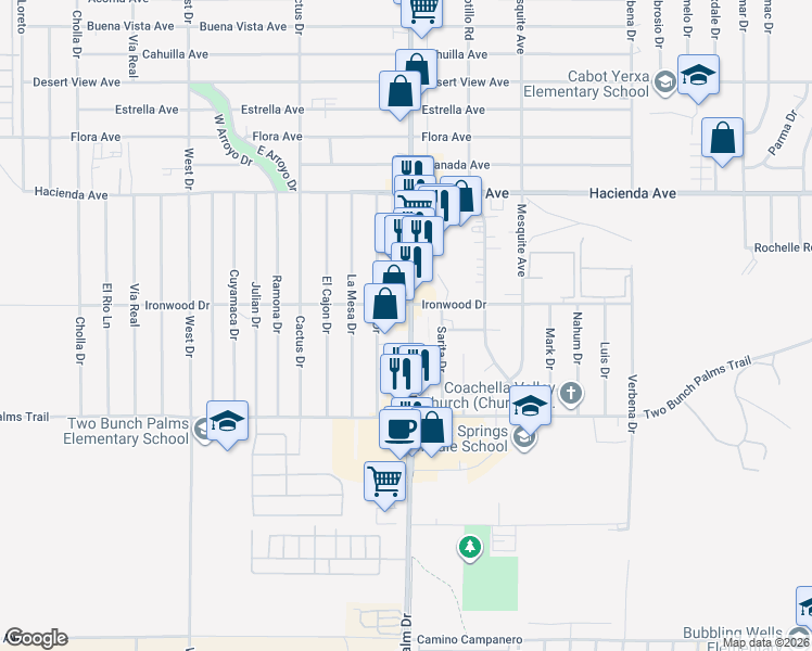 map of restaurants, bars, coffee shops, grocery stores, and more near Palm Drive in Desert Hot Springs