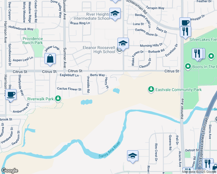 map of restaurants, bars, coffee shops, grocery stores, and more near 7618 Hertz Place in Corona
