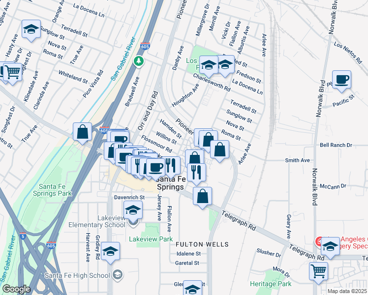 map of restaurants, bars, coffee shops, grocery stores, and more near 9760 Jersey Avenue in Santa Fe Springs