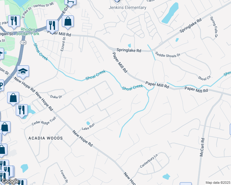 map of restaurants, bars, coffee shops, grocery stores, and more near 530 Wayside Drive in Lawrenceville