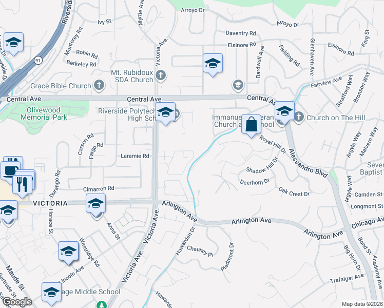 map of restaurants, bars, coffee shops, grocery stores, and more near 2522 Laramie Road in Riverside