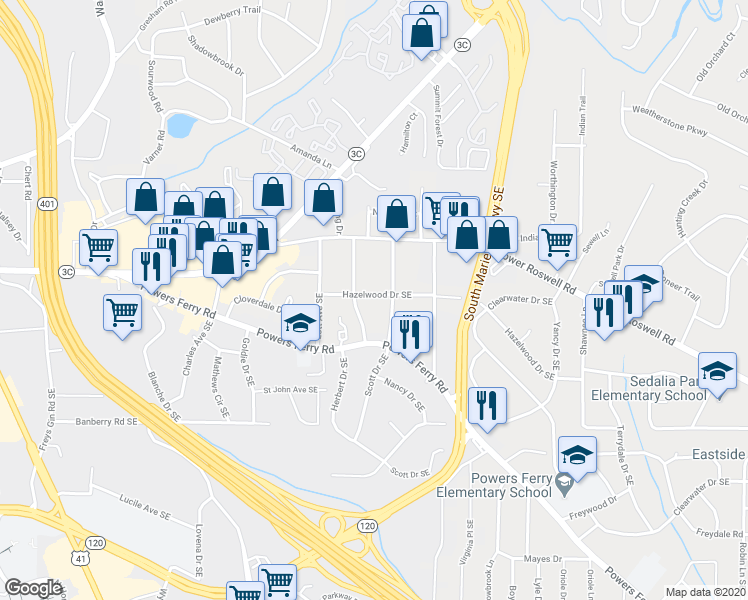 map of restaurants, bars, coffee shops, grocery stores, and more near 1714 Hazelwood Drive Southeast in Marietta