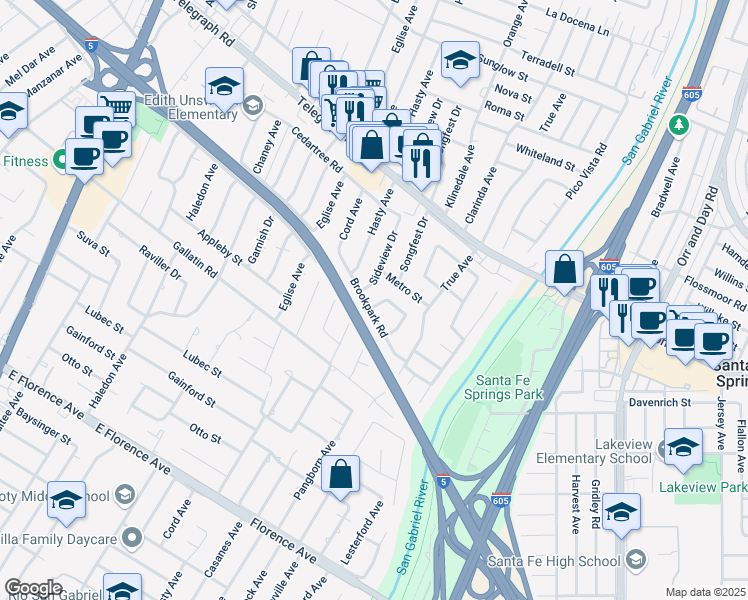 map of restaurants, bars, coffee shops, grocery stores, and more near 9332 Songfest Drive in Downey