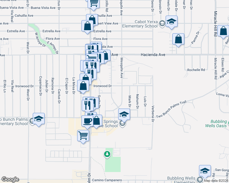 map of restaurants, bars, coffee shops, grocery stores, and more near 2nd Street in Desert Hot Springs