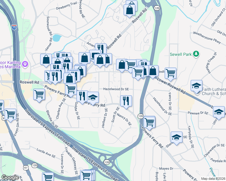 map of restaurants, bars, coffee shops, grocery stores, and more near 1702 Hazelwood Drive Southeast in Marietta