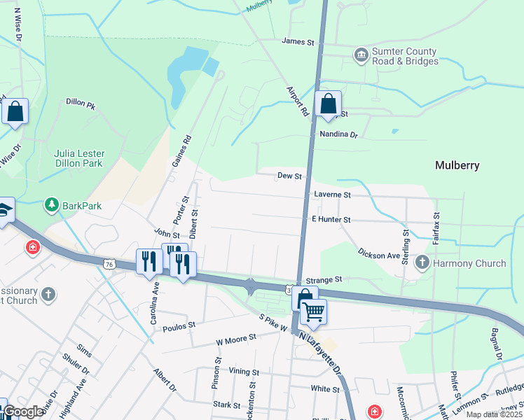 map of restaurants, bars, coffee shops, grocery stores, and more near 29 West Hunter Street in Sumter