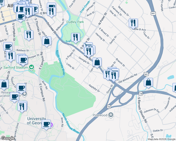 map of restaurants, bars, coffee shops, grocery stores, and more near 1120 Oconee Street in Athens