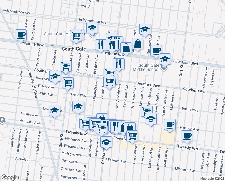 map of restaurants, bars, coffee shops, grocery stores, and more near 9327 San Antonio Avenue in South Gate