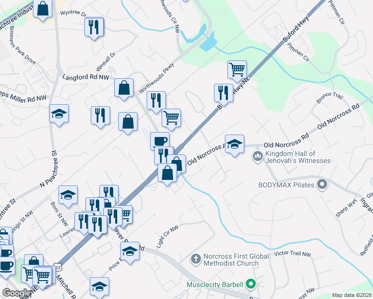 map of restaurants, bars, coffee shops, grocery stores, and more near 5237 Old Norcross Road in Norcross
