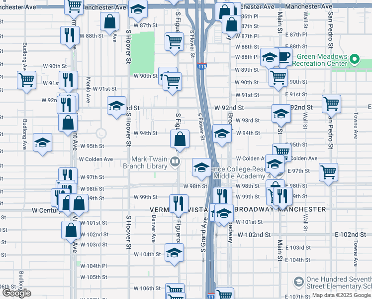 map of restaurants, bars, coffee shops, grocery stores, and more near 436 West 95th Street in Los Angeles