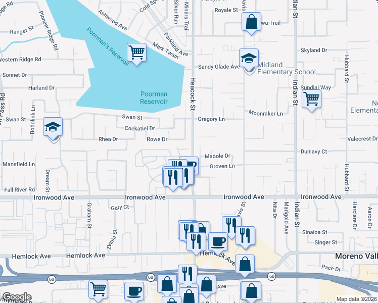 map of restaurants, bars, coffee shops, grocery stores, and more near 23820 Ironwood Avenue in Moreno Valley