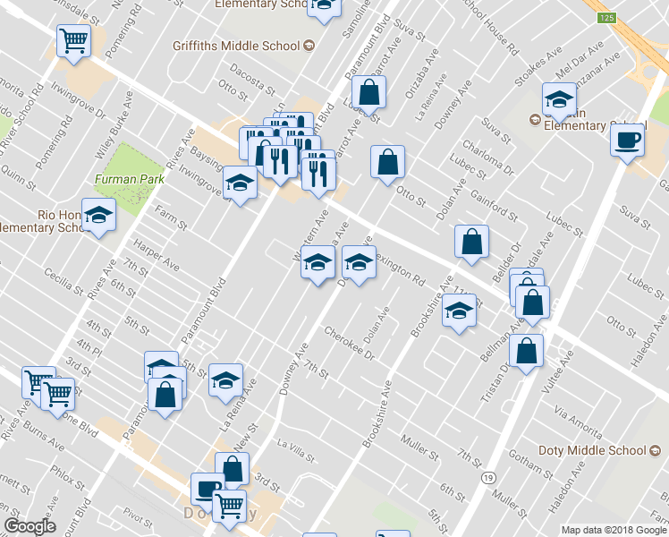 map of restaurants, bars, coffee shops, grocery stores, and more near 10330 La Reina Avenue in Downey