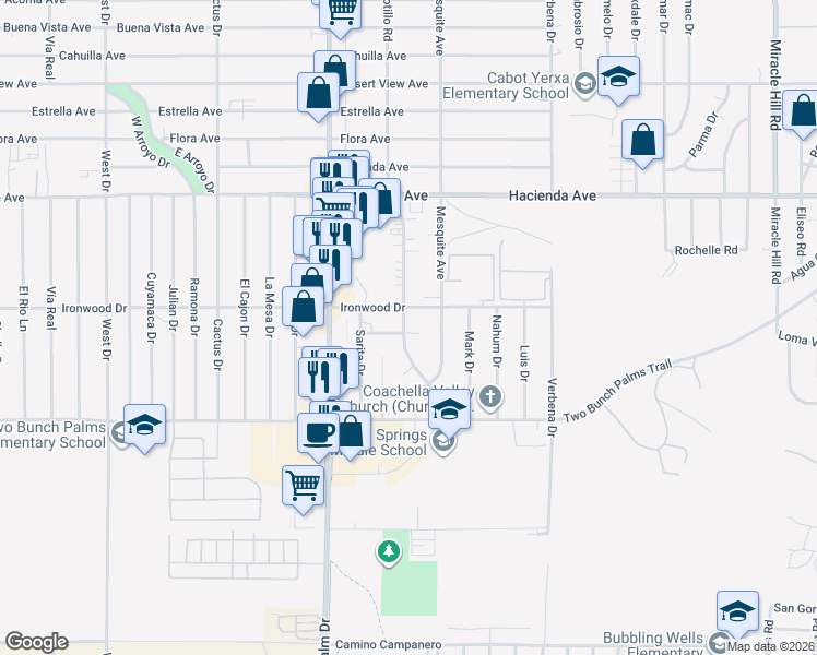 map of restaurants, bars, coffee shops, grocery stores, and more near First Street in Desert Hot Springs