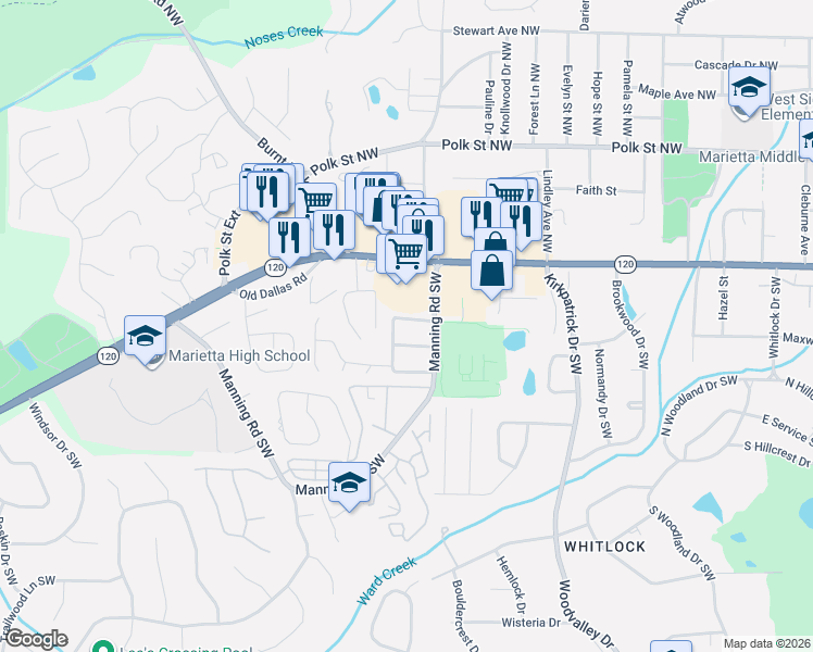 map of restaurants, bars, coffee shops, grocery stores, and more near 771 Wilson Circle Southwest in Marietta