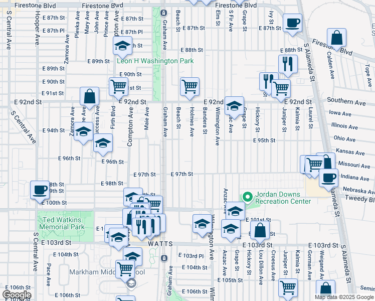 map of restaurants, bars, coffee shops, grocery stores, and more near 9525 Holmes Avenue in Los Angeles