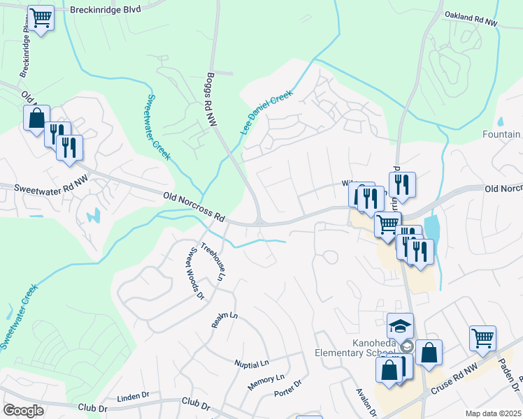 map of restaurants, bars, coffee shops, grocery stores, and more near 1356 Boggs Road Northwest in Lawrenceville